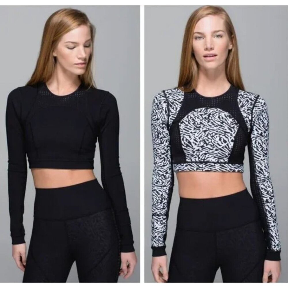 Lululemon Paddle Crop Top Shirt Womens Small Black White Open Back Long Sleeve